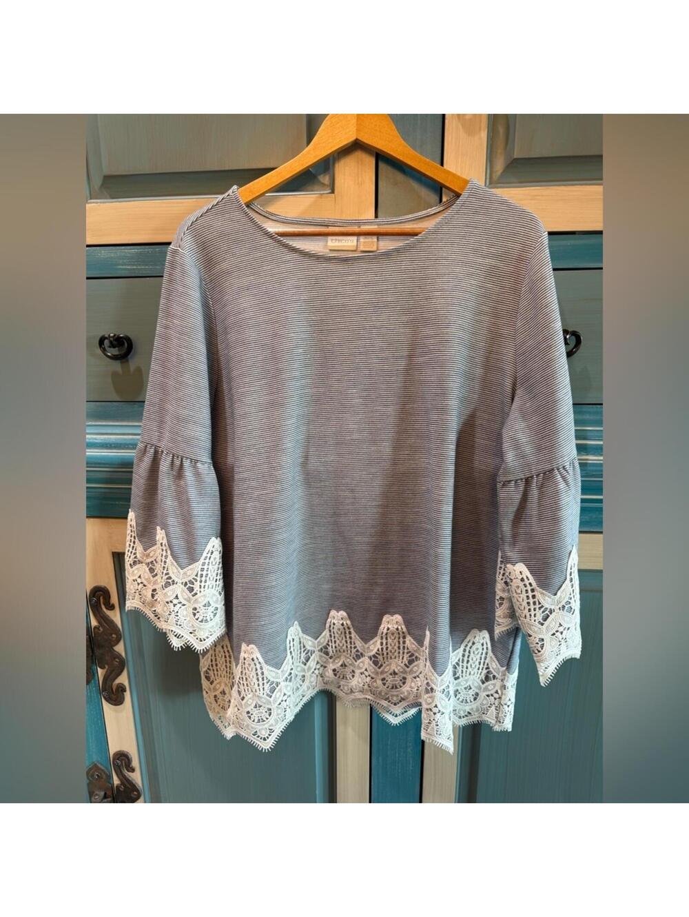 Chico's Blue Striped Top with White Lace Trim
